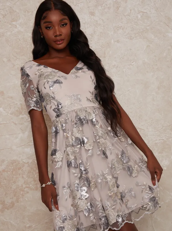 V Neck Floral Embroidered Midi Dress in Silver sold by Chi Chi London