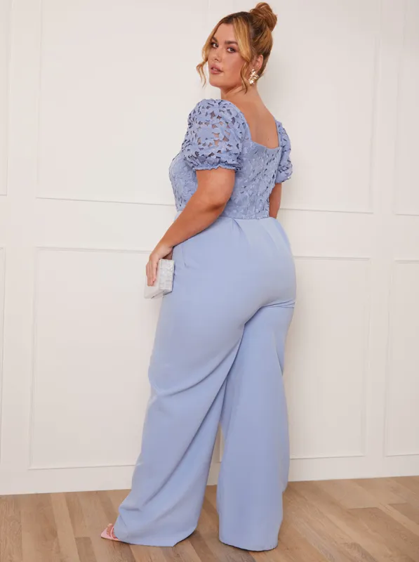Plus Size Puff Sleeve Crochet Jumpsuit in Blue sold by Chi Chi London
