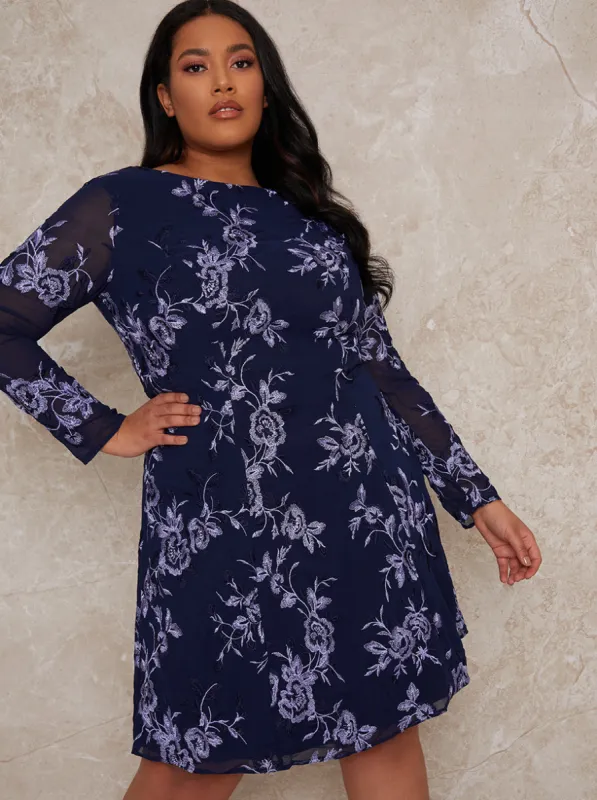 Plus Size Midi Dress with Lace Floral Print in Blue sold by Chi Chi London