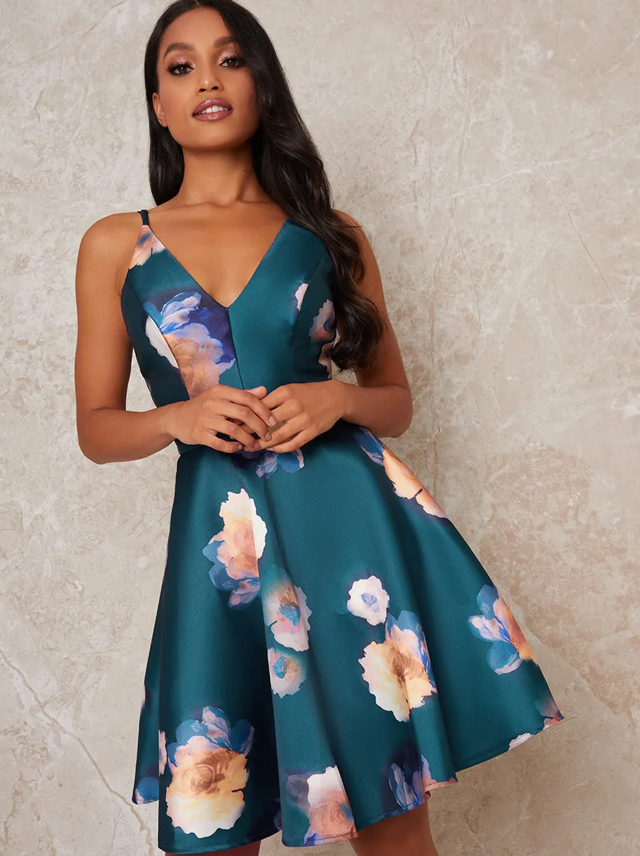 Cami Strap V Neck Mini Floral Print Dress in Green sold by Chi Chi London