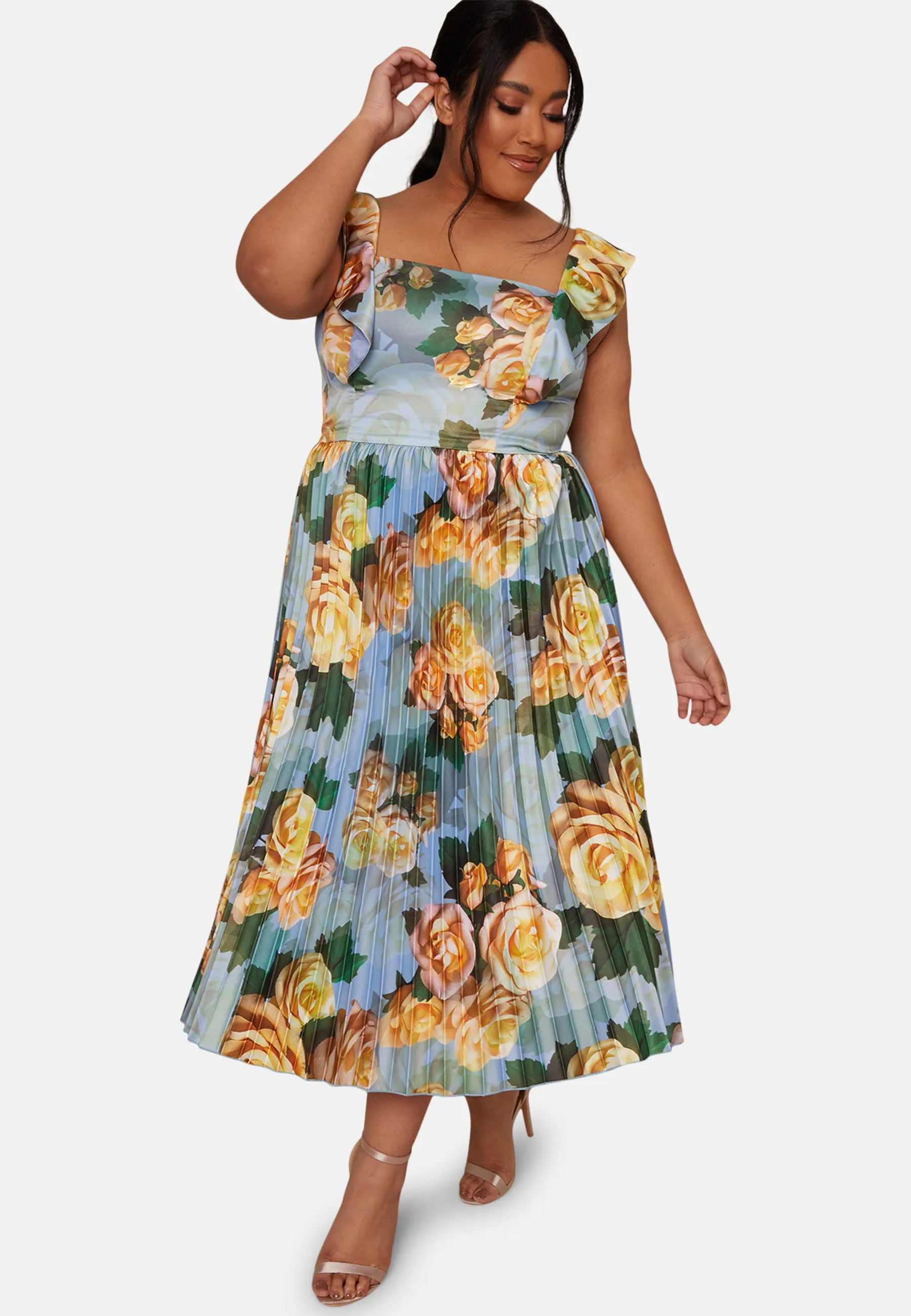 Plus Size Floral Print Ruffle Pleated Midi Dress in Blue sold by Chi Chi London product image thumbnail 5
