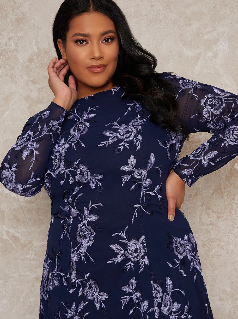 Plus Size Midi Dress with Lace Floral Print in Blue sold by Chi Chi London product image thumbnail 3