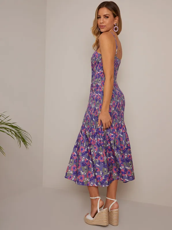 Floral Print Shirred Bodice Midi Dress in Blue sold by Chi Chi London