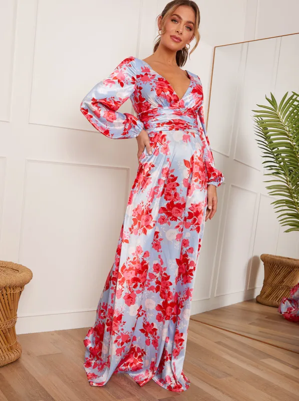 Long Sleeve V Neck Floral Maxi Dress in Blue sold by Chi Chi London