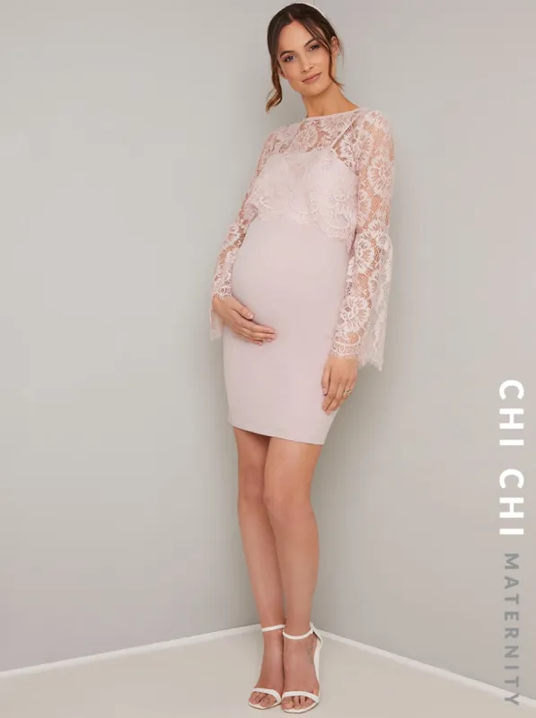 Maternity Lace Overlay Flare Sleeved Dress in Pink sold by Chi Chi London