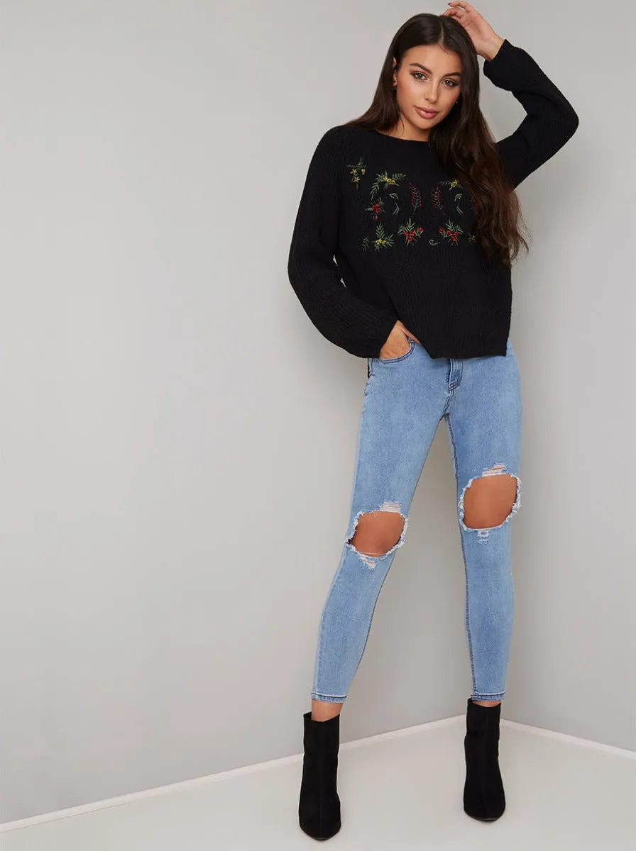 Floral Embroidered Knitted Jumper in Black sold by Chi Chi London