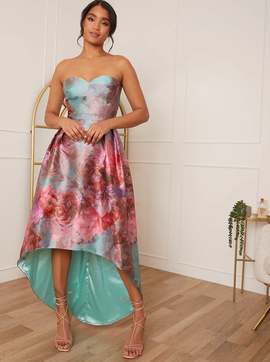 Strapless Printed Dip Hem Dress in Green sold by Chi Chi London
