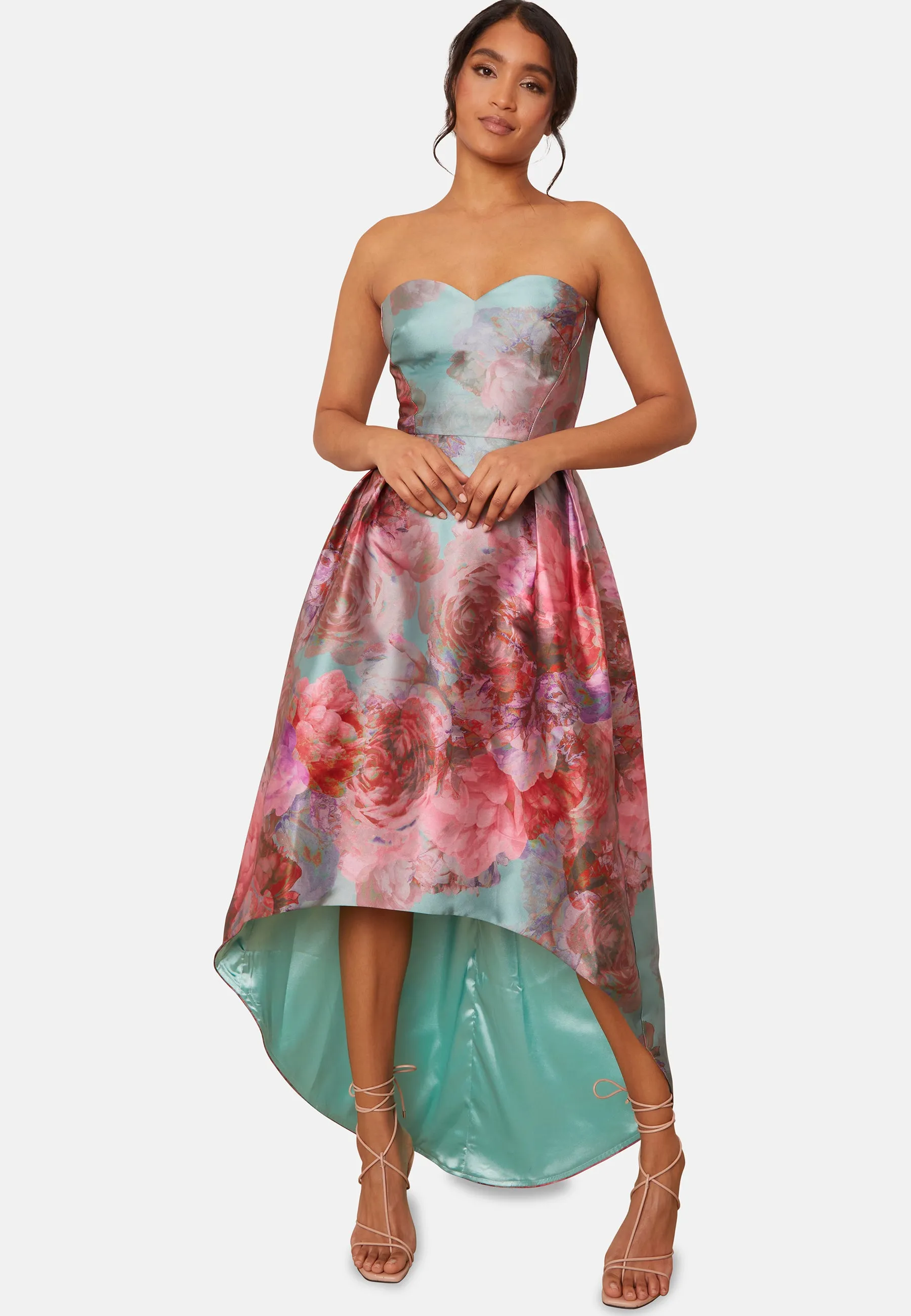 Strapless Printed Dip Hem Dress in Green sold by Chi Chi London product image thumbnail 5