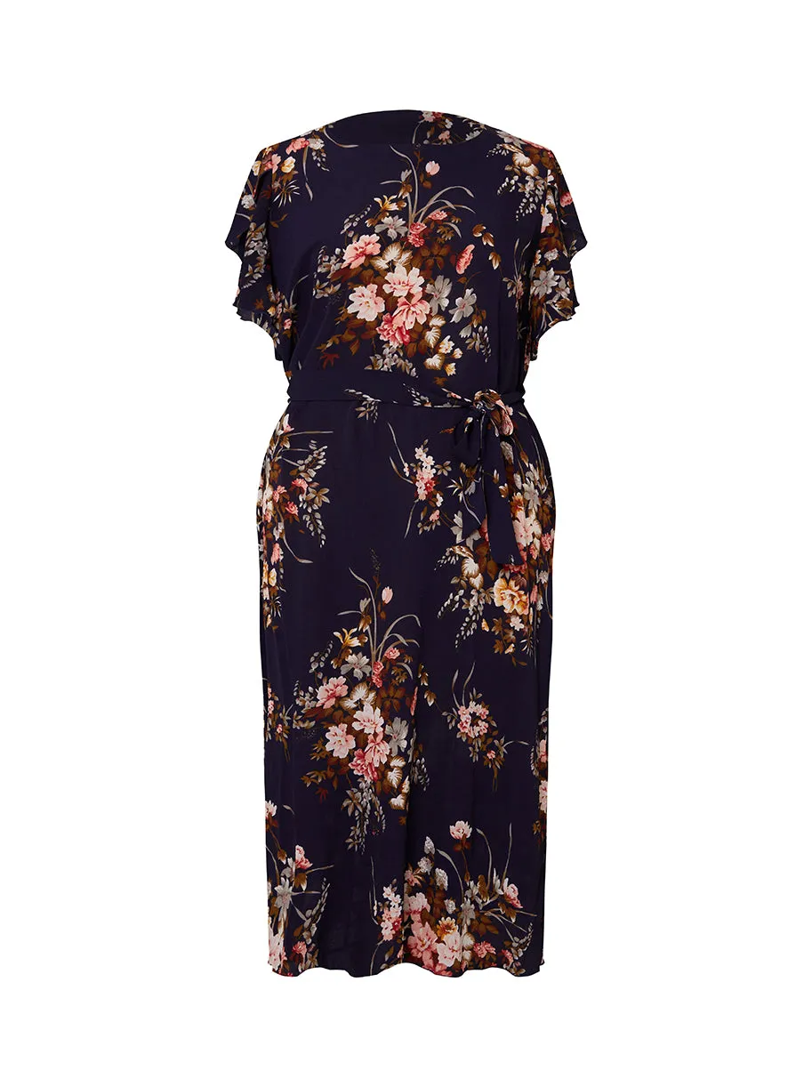 Plus Size Ruffle Sleeved Floral Print Midi Dress in Navy sold by Chi Chi London