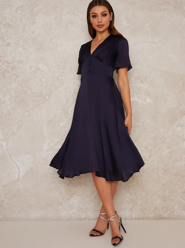 Angel Sleeve V Neck Silky Midi Dress in Blue sold by Chi Chi London