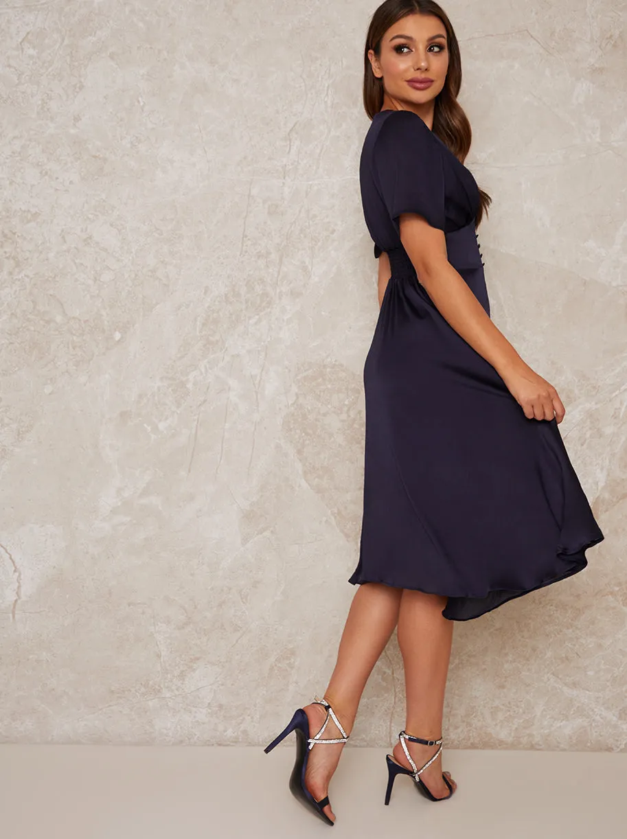 Angel Sleeve V Neck Silky Midi Dress in Blue sold by Chi Chi London product image thumbnail 4