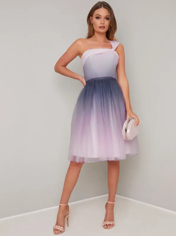 Ombre A-Symmetric Tulle Skirt Midi Dress in Pink sold by Chi Chi London