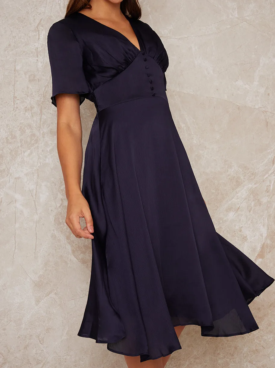 Angel Sleeve V Neck Silky Midi Dress in Blue sold by Chi Chi London product image thumbnail 2