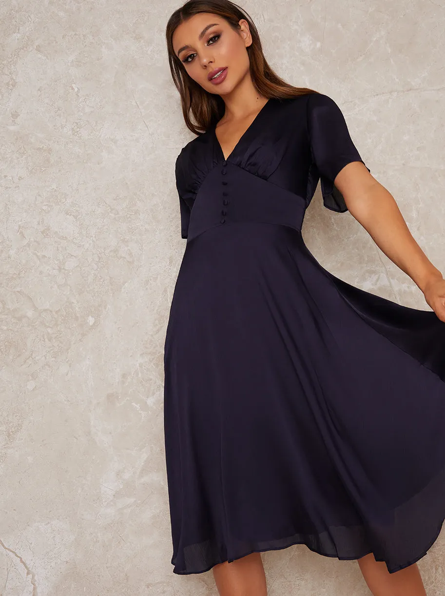 Angel Sleeve V Neck Silky Midi Dress in Blue sold by Chi Chi London product image thumbnail 3