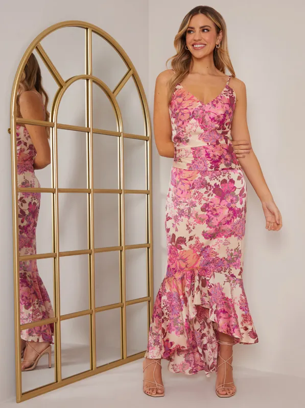 Sleeveless Floral Print Ruffle Midi Dress in Pink sold by Chi Chi London