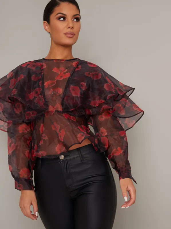 Frill Sheer Organza Print Blouse Top in Black sold by Chi Chi London