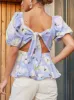 Floral Printed Tie Back Top in Blue sold by Chi Chi London