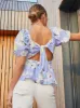 Floral Printed Tie Back Top in Blue sold by Chi Chi London
