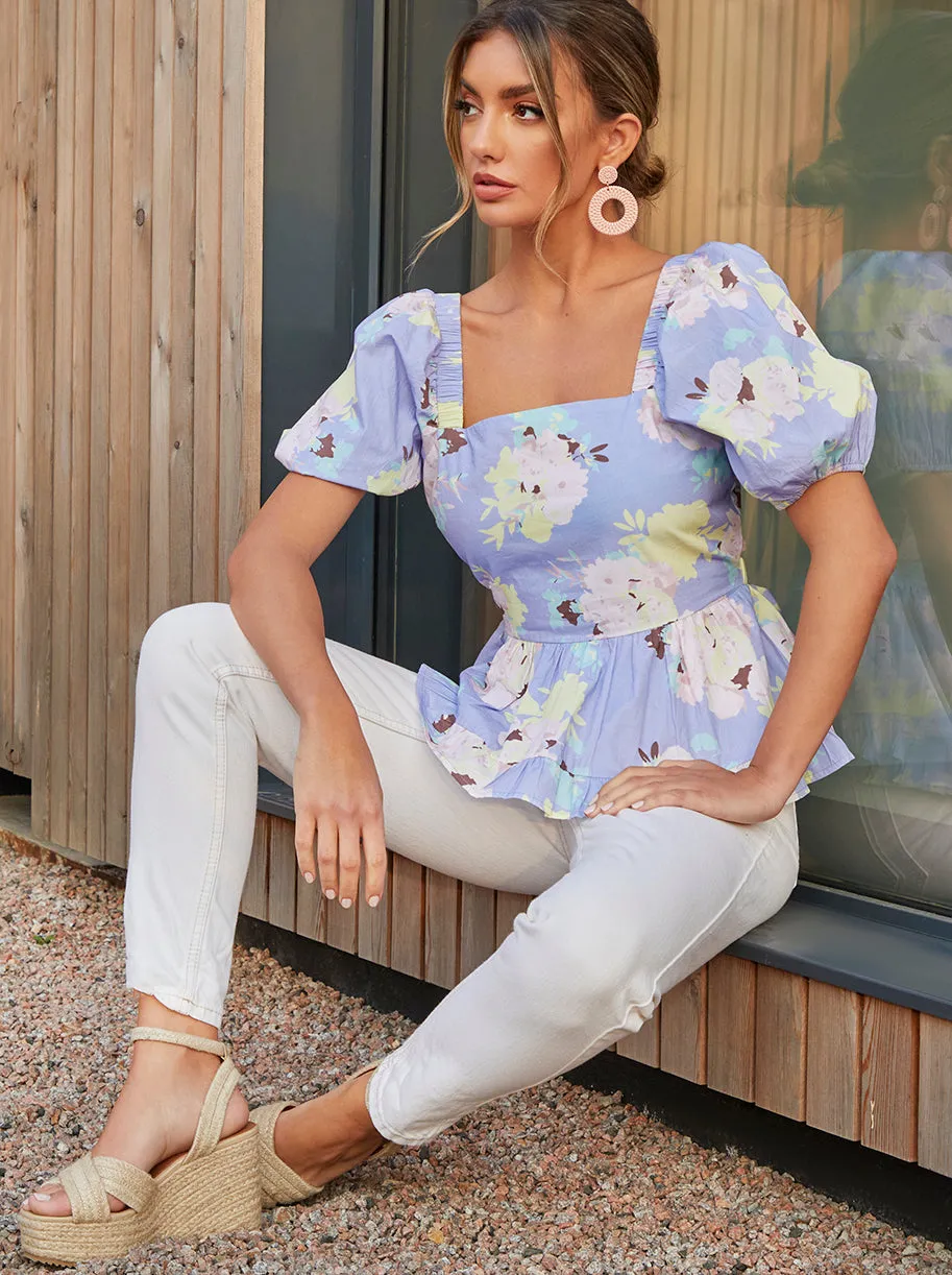 Floral Printed Tie Back Top in Blue sold by Chi Chi London
