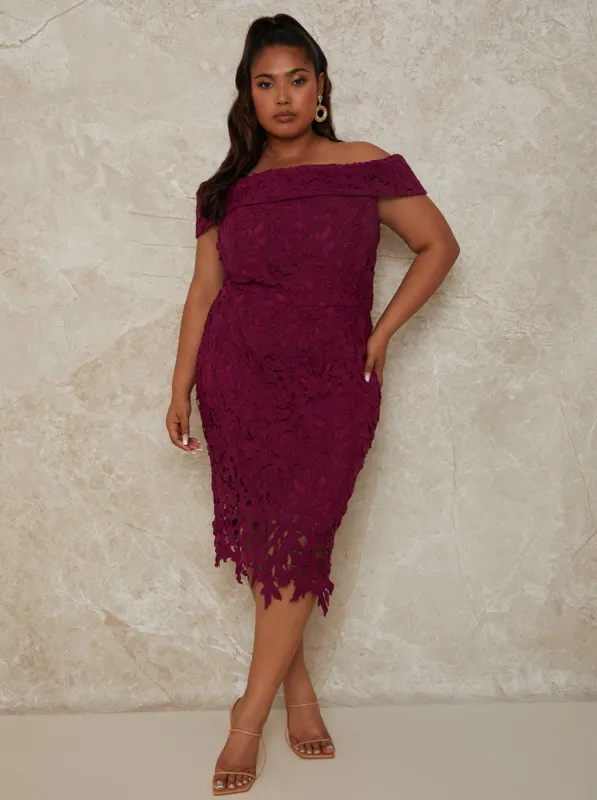 Plus Size Bardot Crochet Bodycon Dress in Purple sold by Chi Chi London