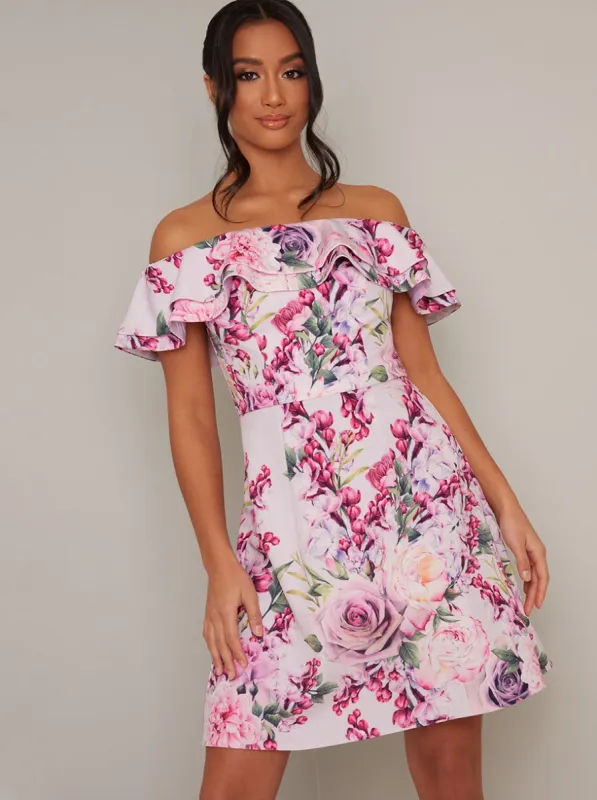 Petite Bardot Frill Floral Print Mini Dress in Pink sold by Chi Chi London