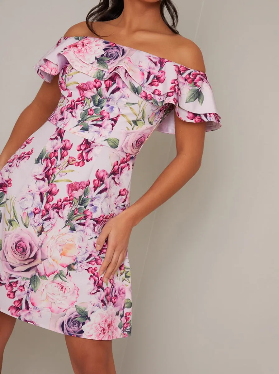 Petite Bardot Frill Floral Print Mini Dress in Pink sold by Chi Chi London product image thumbnail 4