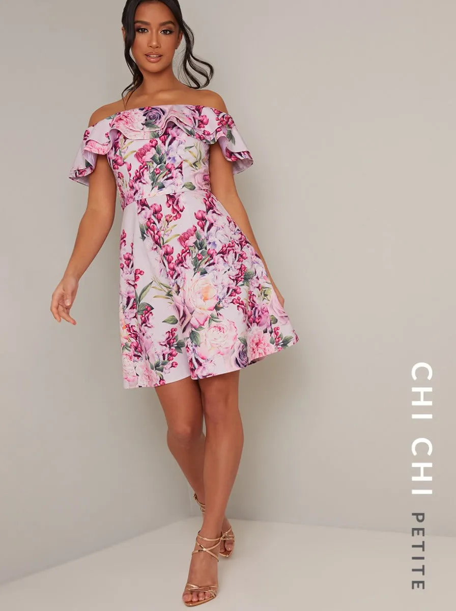Petite Bardot Frill Floral Print Mini Dress in Pink sold by Chi Chi London product image thumbnail 2
