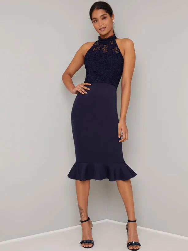 Lace Detail Bodycon Peplum Hem Dress in Blue sold by Chi Chi London