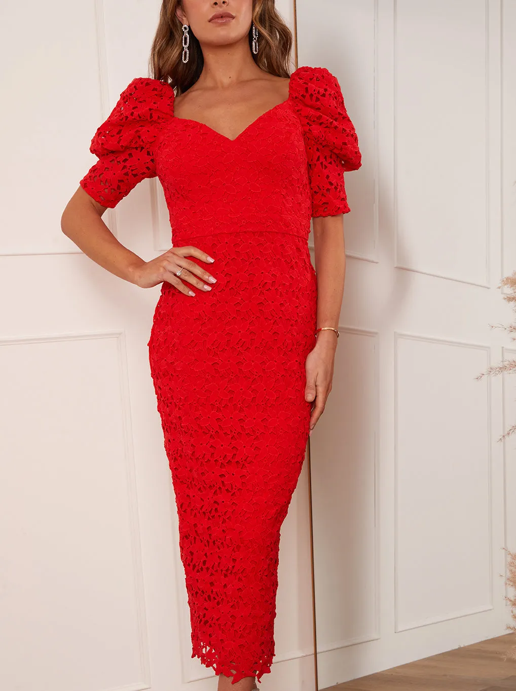 Puff Sleeve Lace Long Midi Dress in Red sold by Chi Chi London product image thumbnail 4