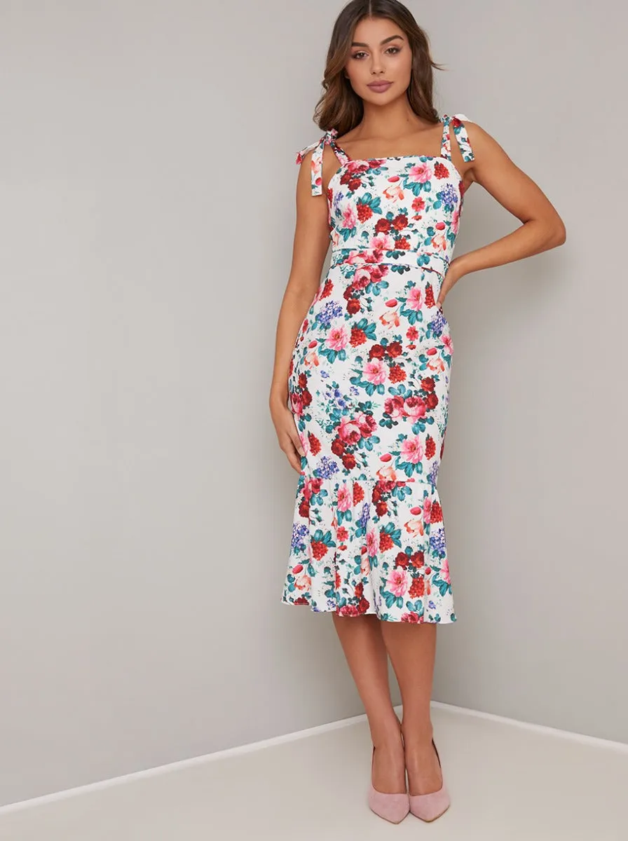Floral Print Peplum Hem Midi Dress In White sold by Chi Chi London
