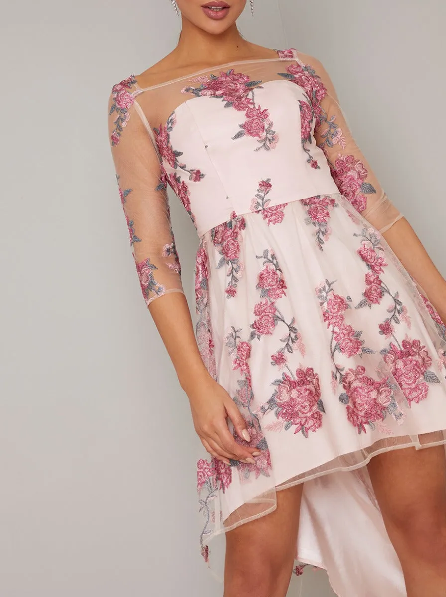 Floral Lace Overlay Sheer Mini Dip Hem Dress in Pink sold by Chi Chi London product image thumbnail 4