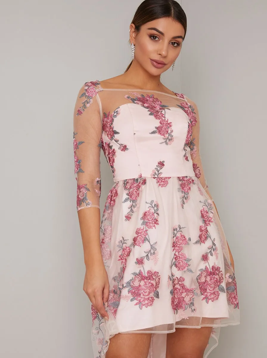 Floral Lace Overlay Sheer Mini Dip Hem Dress in Pink sold by Chi Chi London product image thumbnail 2