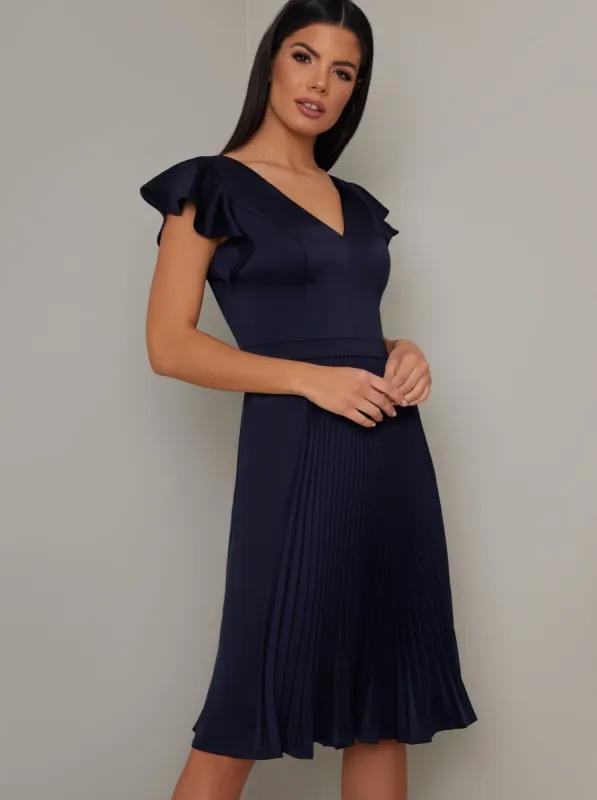 Ruffle Sleeve Pleated Midi Dress in Navy sold by Chi Chi London
