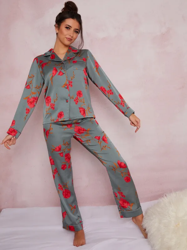 Red Rose Floral Print Satin Pyjamas In Green sold by Chi Chi London