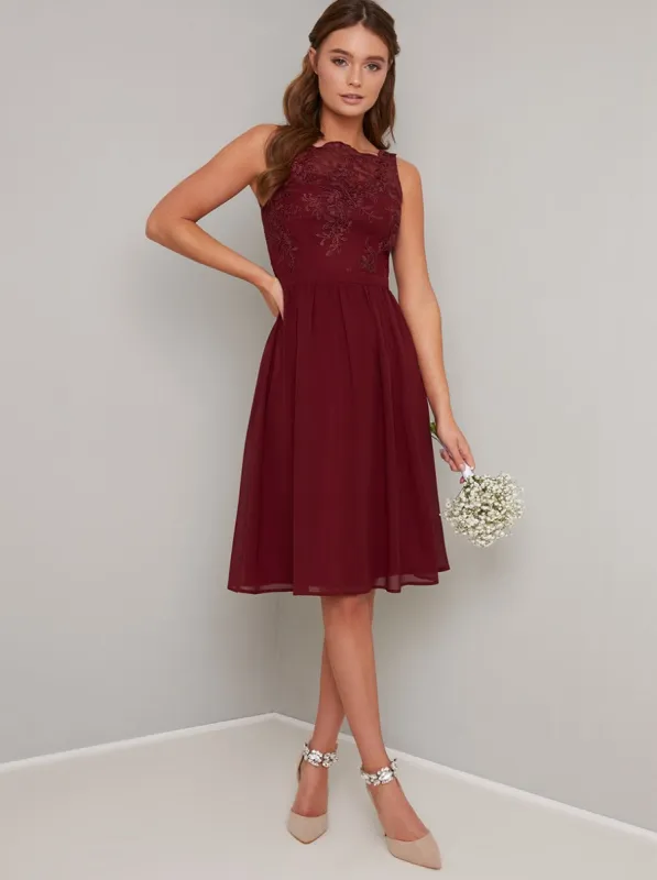 Sleeveless Lace Bodice Chiffon Midi Dress in Red sold by Chi Chi London