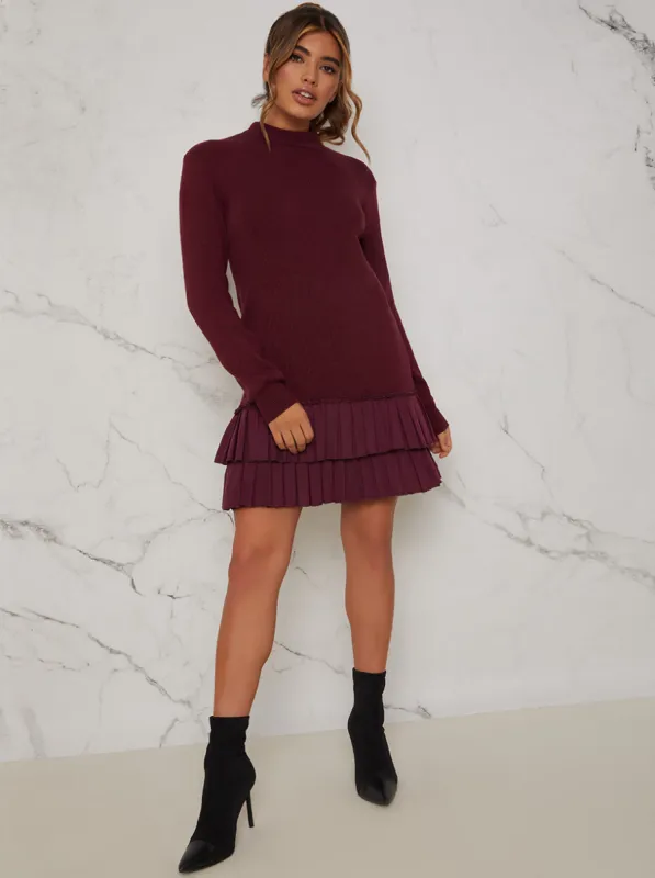 Pleated Hem Knitted Mini Dress in Burgundy sold by Chi Chi London