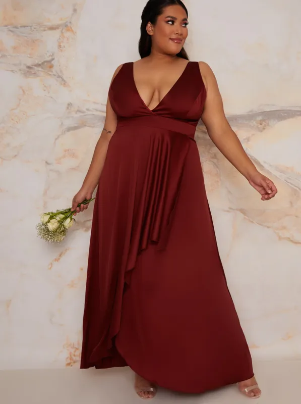 Plus Size Satin Wrap Maxi Dress in Red sold by Chi Chi London
