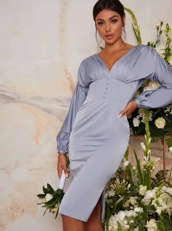 Satin Bridesmaid Midi Dress With Long Sleeve In Blue sold by Chi Chi London