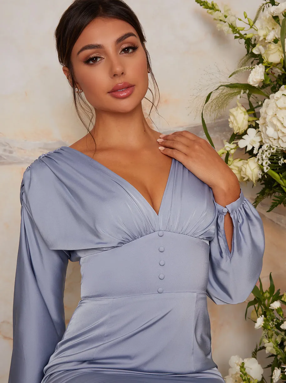 Satin Bridesmaid Midi Dress With Long Sleeve In Blue sold by Chi Chi London product image thumbnail 3