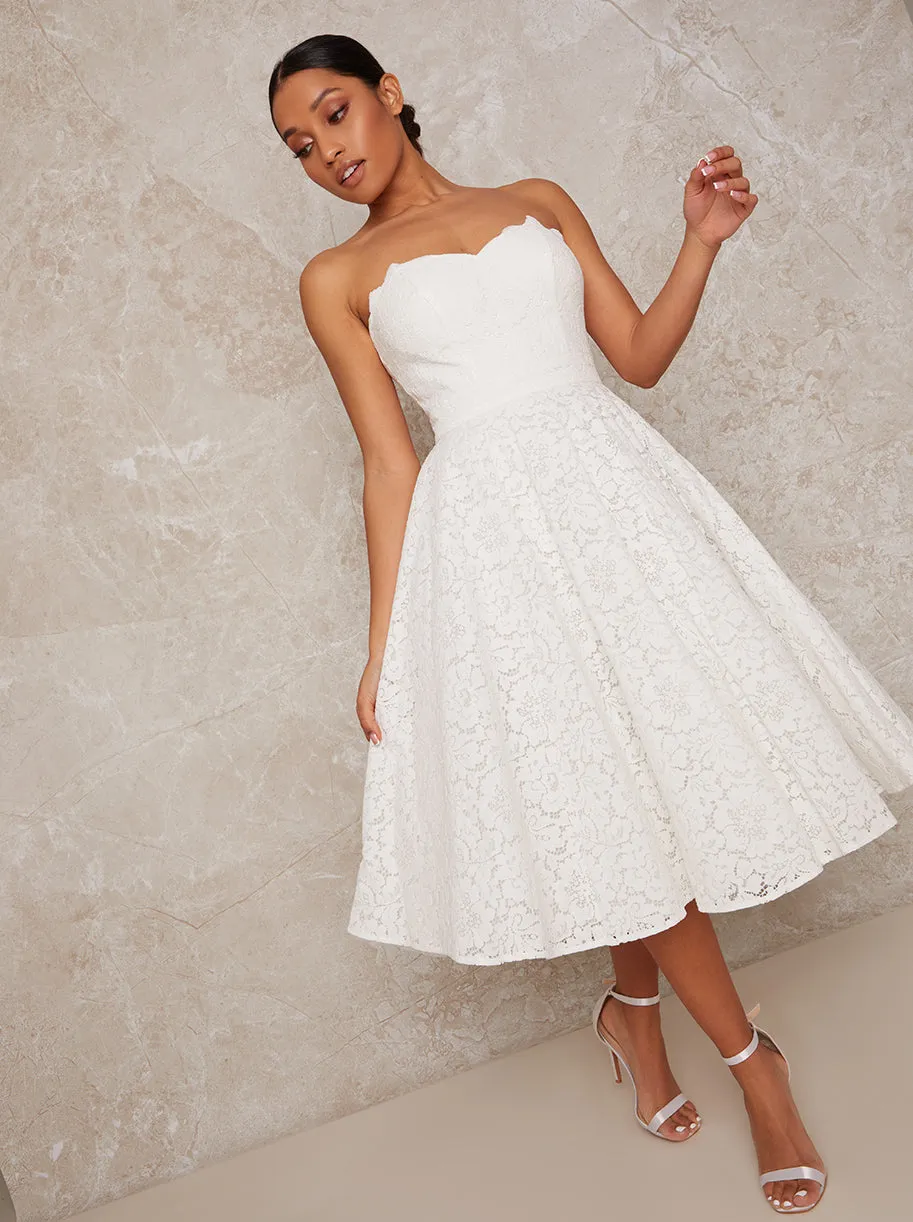Petite Bridal Strapless Lace Midi Dress in White sold by Chi Chi London