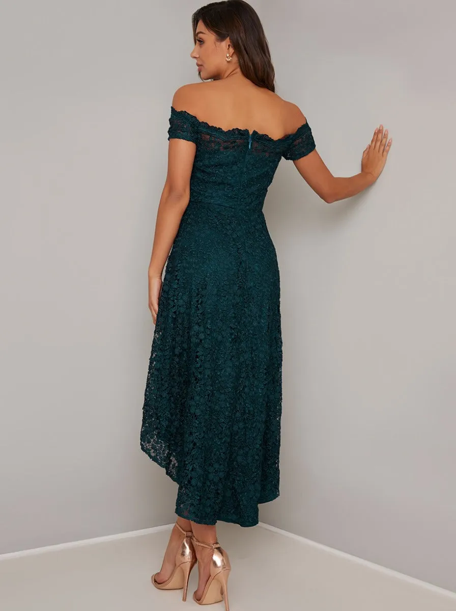 Bardot Lace Overlay Dip Hem Midi Dress in Green sold by Chi Chi London product image thumbnail 4