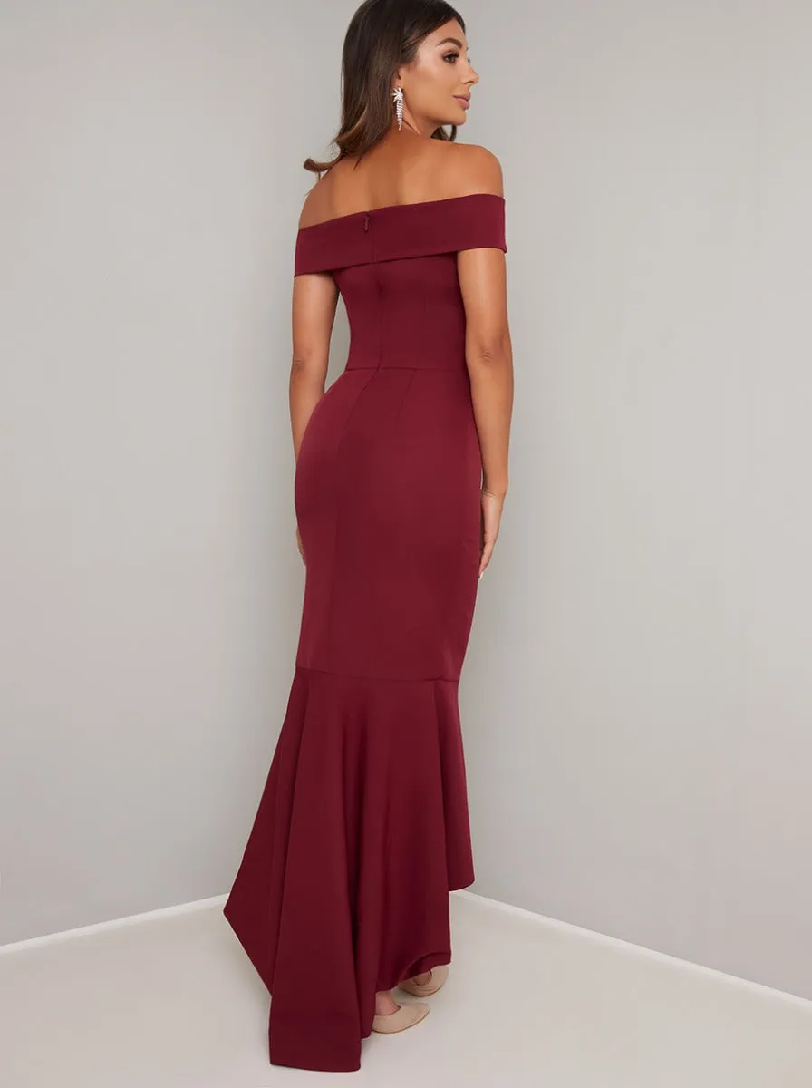 Bardot Bodycon Dip Hem Maxi Dress in Red sold by Chi Chi London product image thumbnail 4