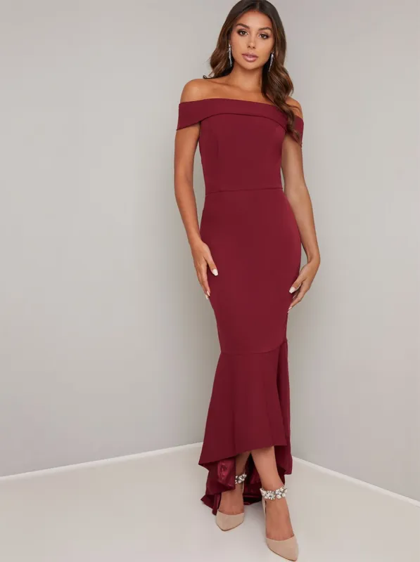 Bardot Bodycon Dip Hem Maxi Dress in Red made by Chi Chi London