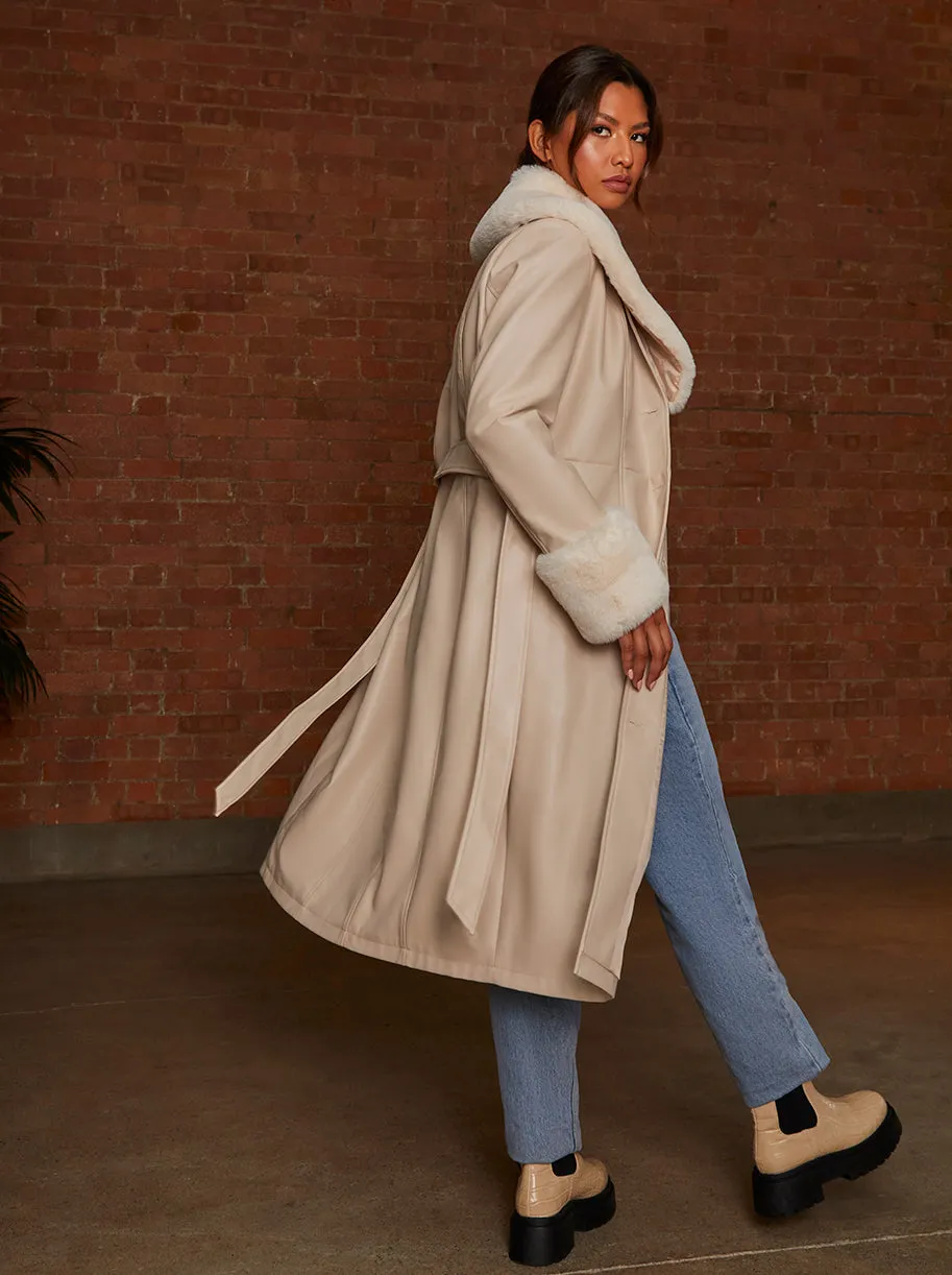 Faux Leather Longline Coat with Faux Fur Trim in Taupe sold by Chi Chi London product image thumbnail 4