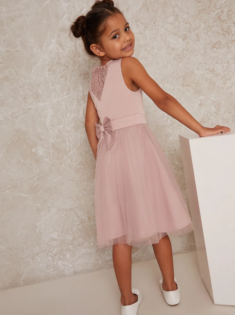 Younger Girls Bow Detail Tulle Dress in Pink sold by Chi Chi London