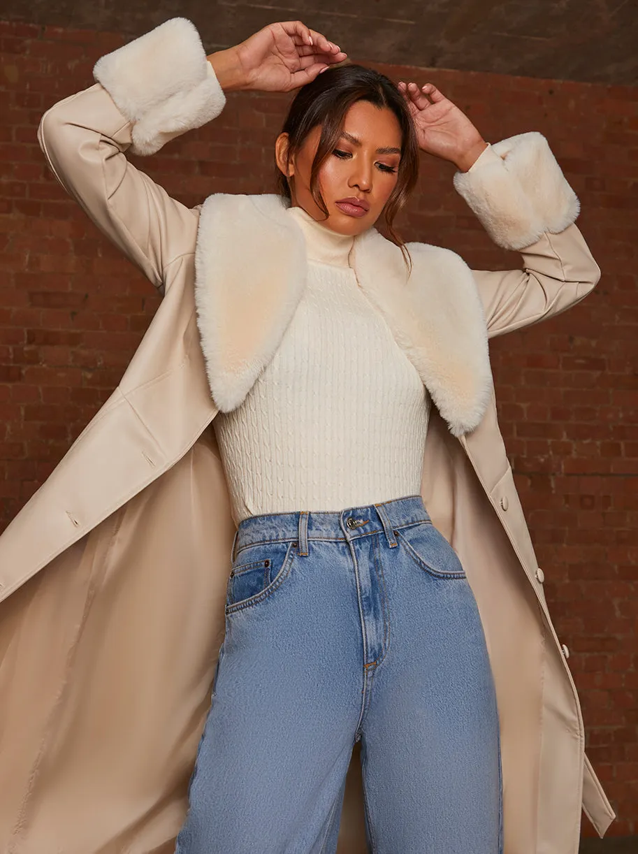 Faux Leather Longline Coat with Faux Fur Trim in Taupe sold by Chi Chi London product image thumbnail 3