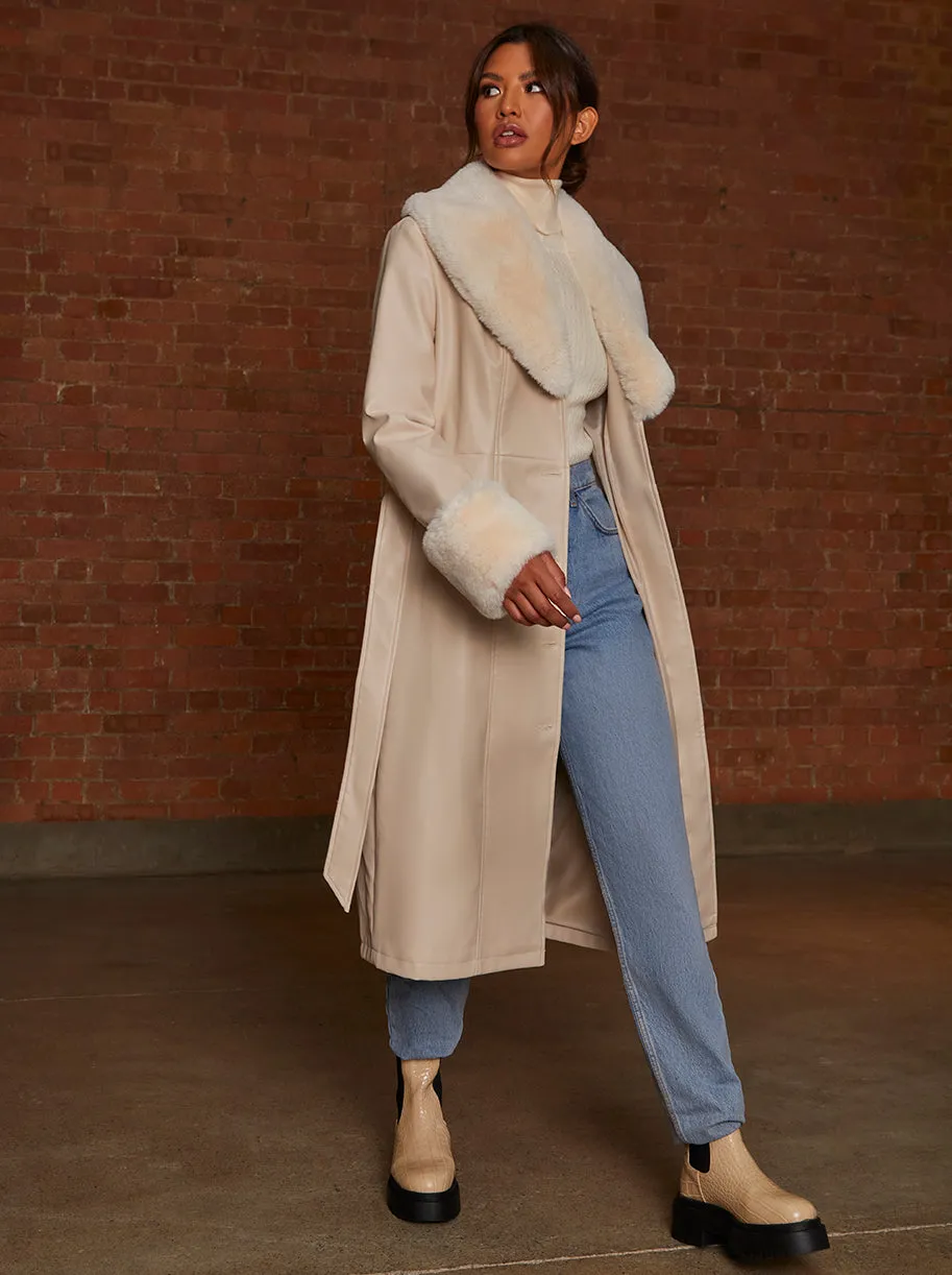 Faux Leather Longline Coat with Faux Fur Trim in Taupe sold by Chi Chi London