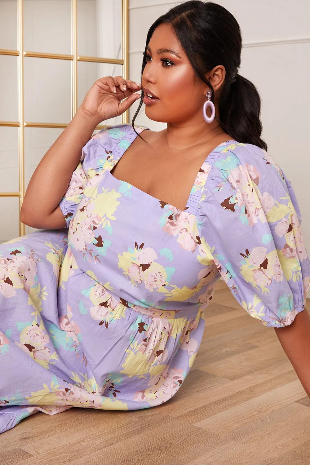 Plus Size Floral Printed Tie Back Maxi Dress in Blue sold by Chi Chi London product image thumbnail 4