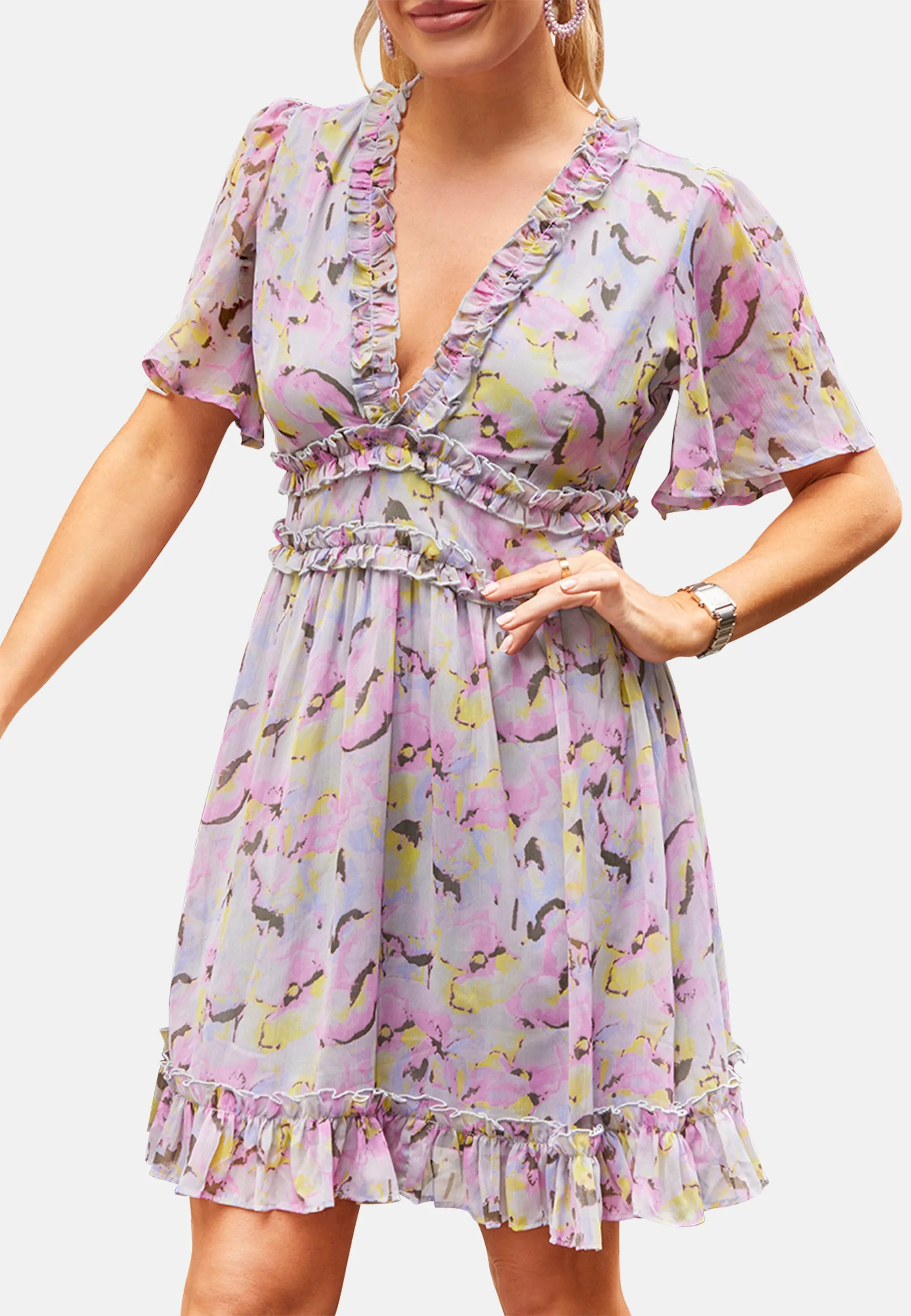 Short Sleeve Ruffle Mini Dress in Grey sold by Chi Chi London product image thumbnail 5