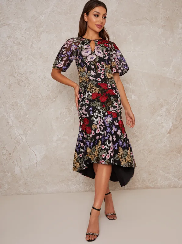 Midi Party Dress with Floral Lace Design in Black sold by Chi Chi London